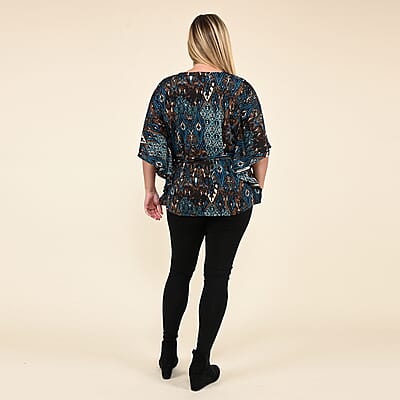 Tamsy Blue Abstract Kaftan Sleeve Blouse with Neck Embellishment - Large