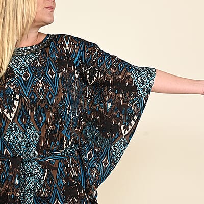 Tamsy Blue Abstract Kaftan Sleeve Blouse with Neck Embellishment - Large