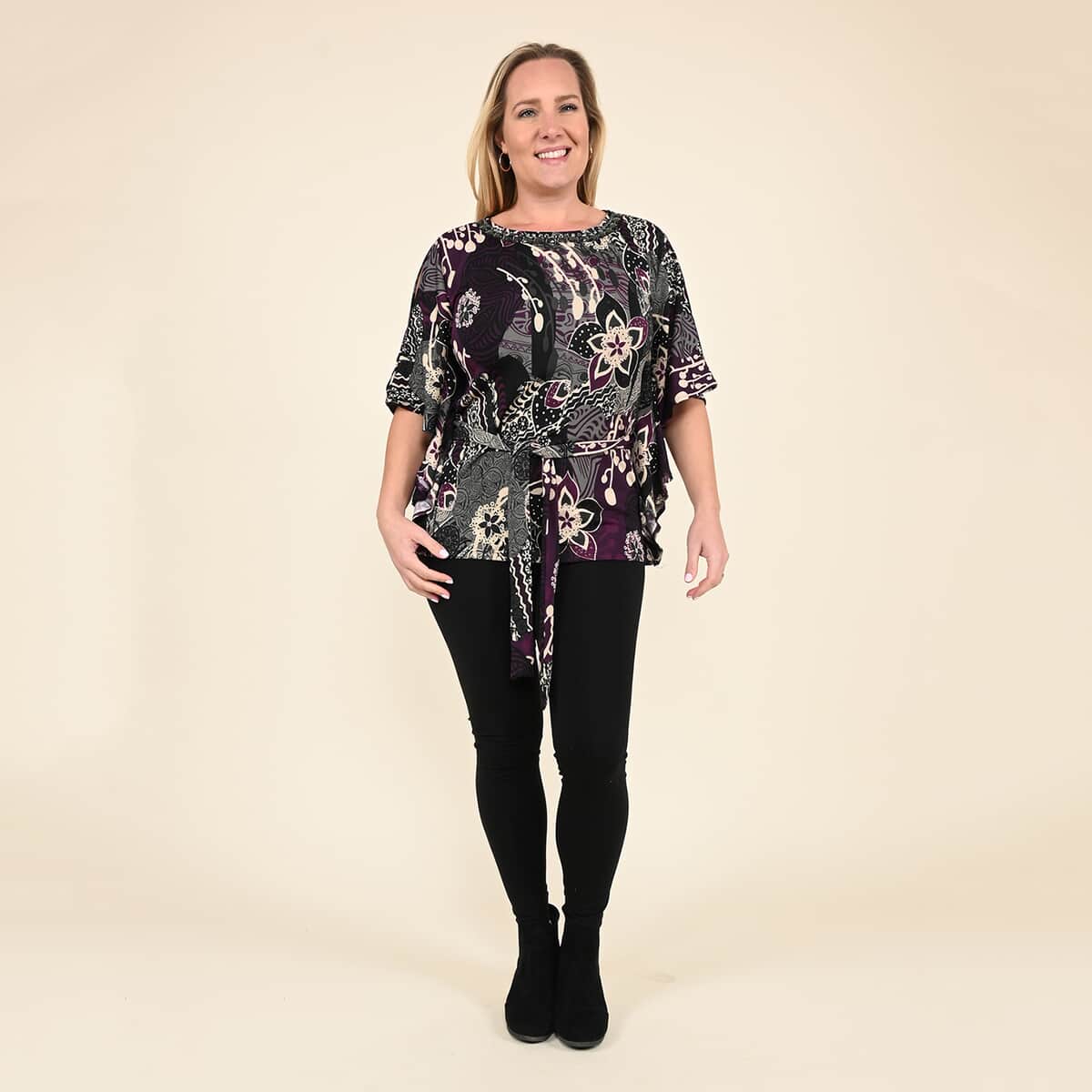 Tamsy Purple Floral Kaftan Sleeve Blouse with Neck Embellishment - Small image number 0