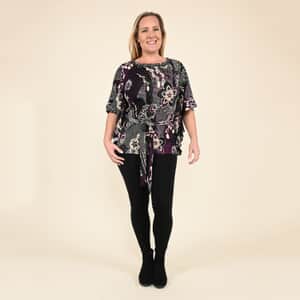 Tamsy Purple Floral Kaftan Sleeve Blouse with Neck Embellishment - Small