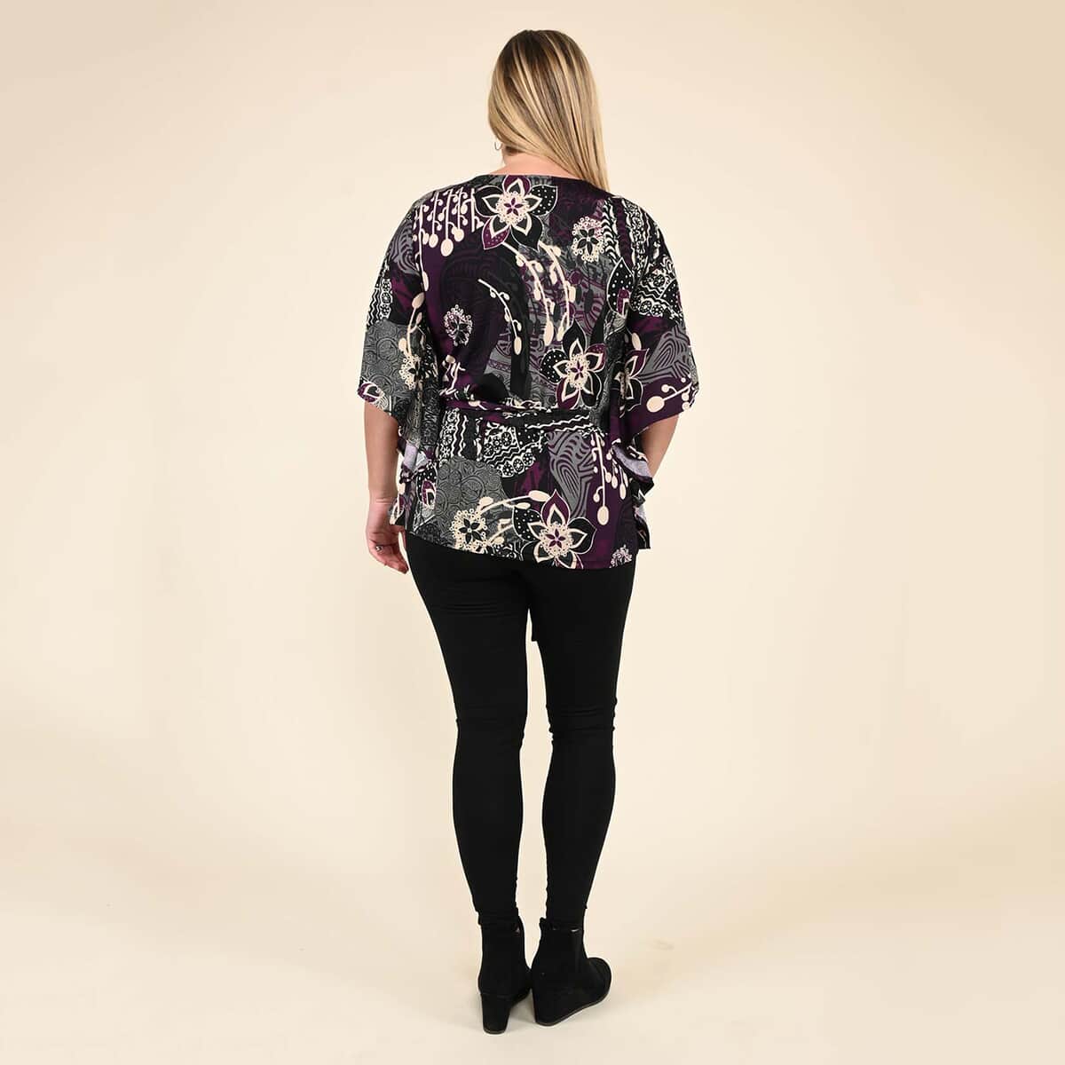 Tamsy Purple Floral Kaftan Sleeve Blouse with Neck Embellishment - Small image number 1