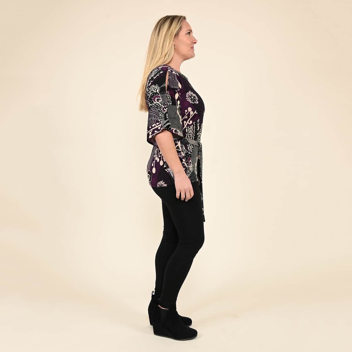 Tamsy Purple Floral Kaftan Sleeve Blouse with Neck Embellishment - Small image number 2