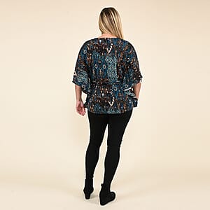 Tamsy Blue Abstract Kaftan Sleeve Blouse with Neck Embellishment - XL