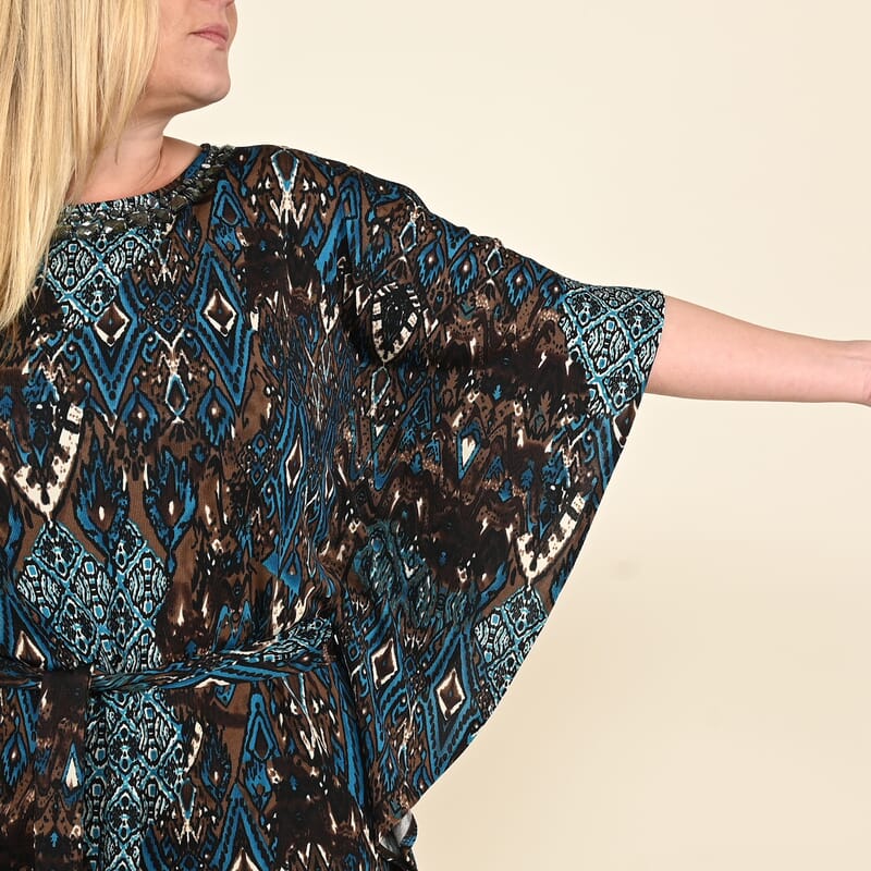 Tamsy Blue Abstract Kaftan Sleeve Blouse with Neck Embellishment - XL