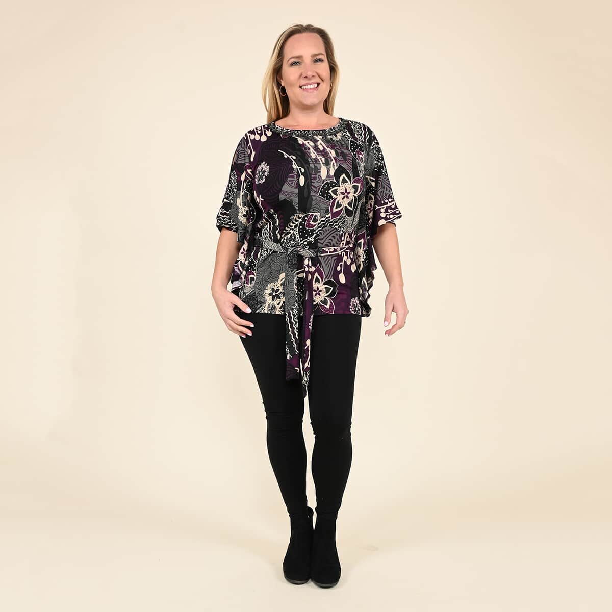 Tamsy Purple Floral Kaftan Sleeve Blouse with Neck Embellishment - XL image number 0