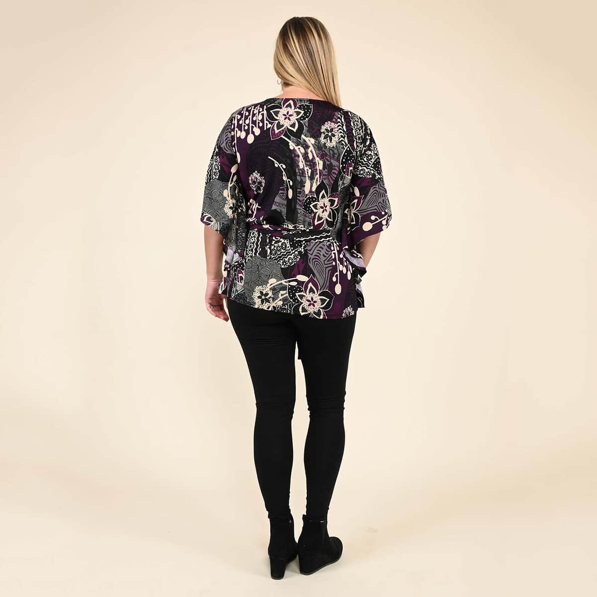 Tamsy Purple Floral Kaftan Sleeve Blouse with Neck Embellishment - XL image number 1