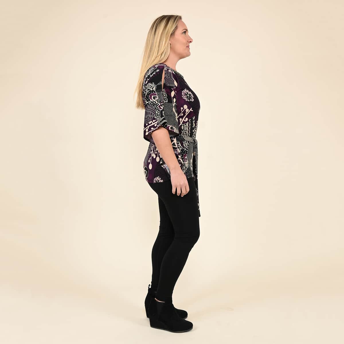 Tamsy Purple Floral Kaftan Sleeve Blouse with Neck Embellishment - XL image number 2