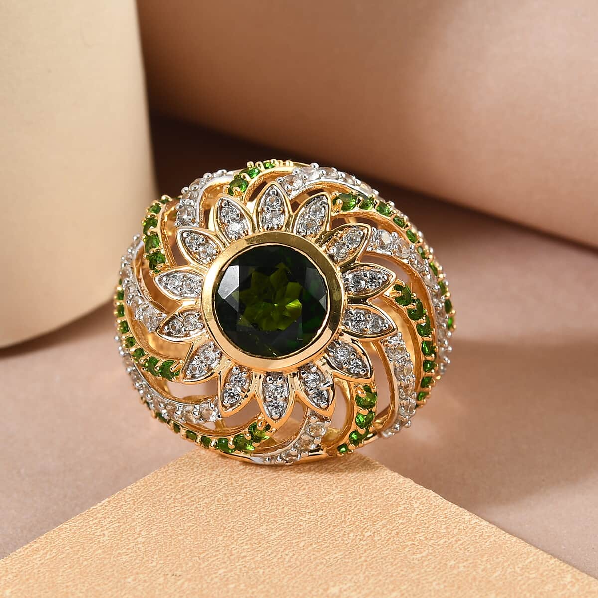GP Italian Garden Collection Chrome Diopside and White Zircon Ring in Vermeil YG Over Sterling Silver (Size 7.0) 4.35 ctw image number 1