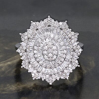 Diamond Cocktail Ring in Platinum Over Sterling Silver (Size 10.0) 1.00 ctw
