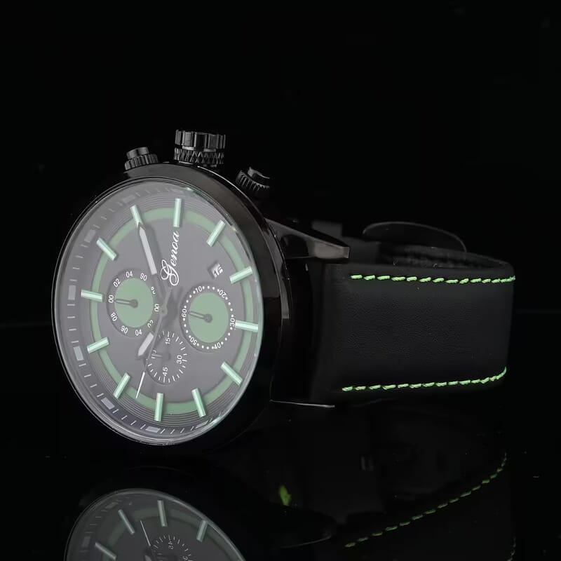 Genoa Multifunctional Quartz Movement Watch with Black Leather Strap (47mm) (5.25-7.25 Inches)