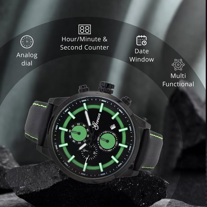 Genoa Multifunctional Quartz Movement Watch with Black Leather Strap (47mm) (5.25-7.25 Inches)