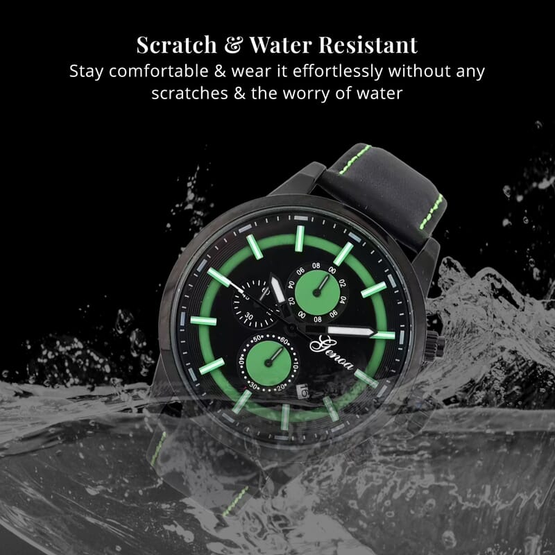Genoa Multifunctional Quartz Movement Watch with Black Leather Strap (47mm) (5.25-7.25 Inches)