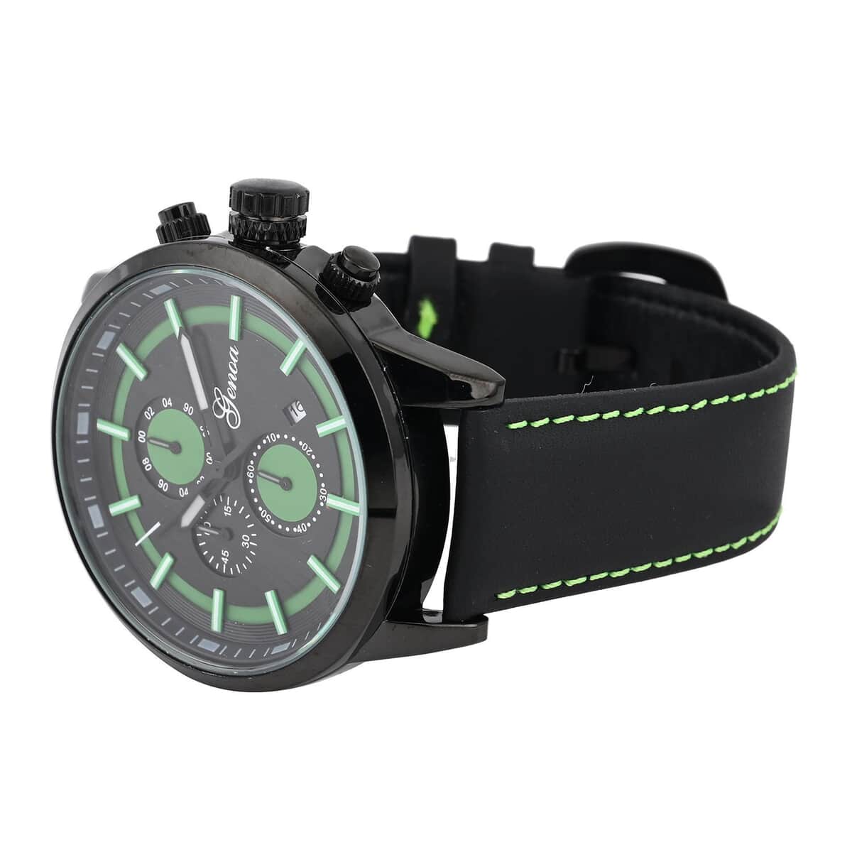 Genoa Multifunctional Quartz Movement Watch with Black Leather Strap (47mm) (5.25-7.25 Inches) image number 4