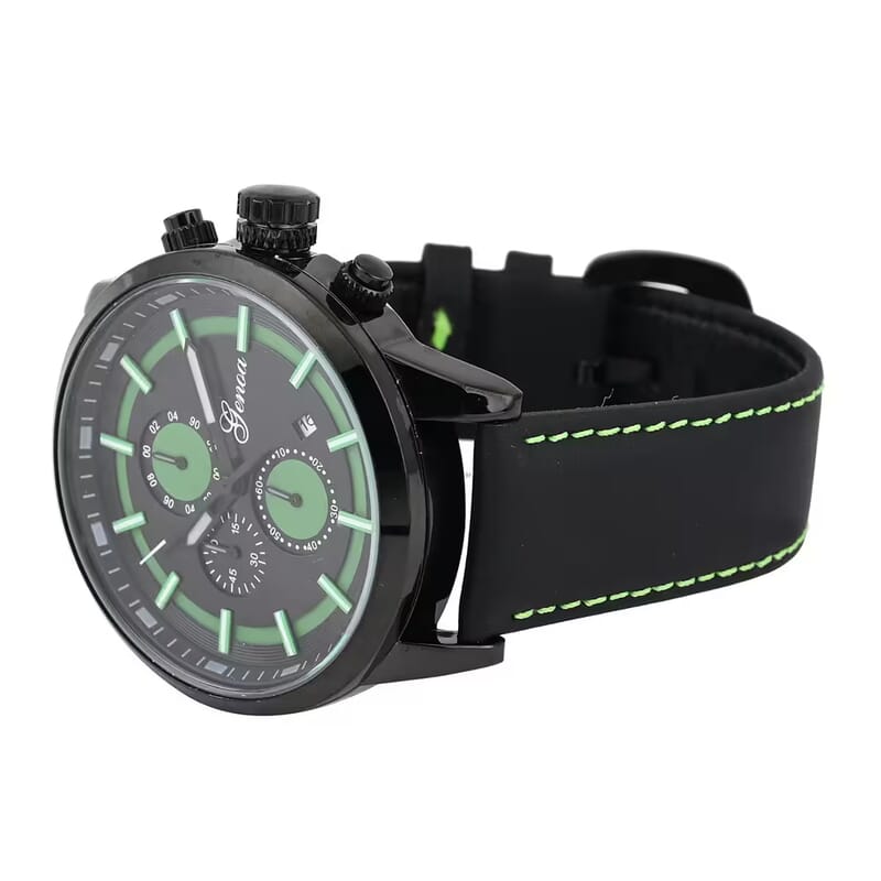 Genoa Multifunctional Quartz Movement Watch with Black Leather Strap (47mm) (5.25-7.25 Inches)