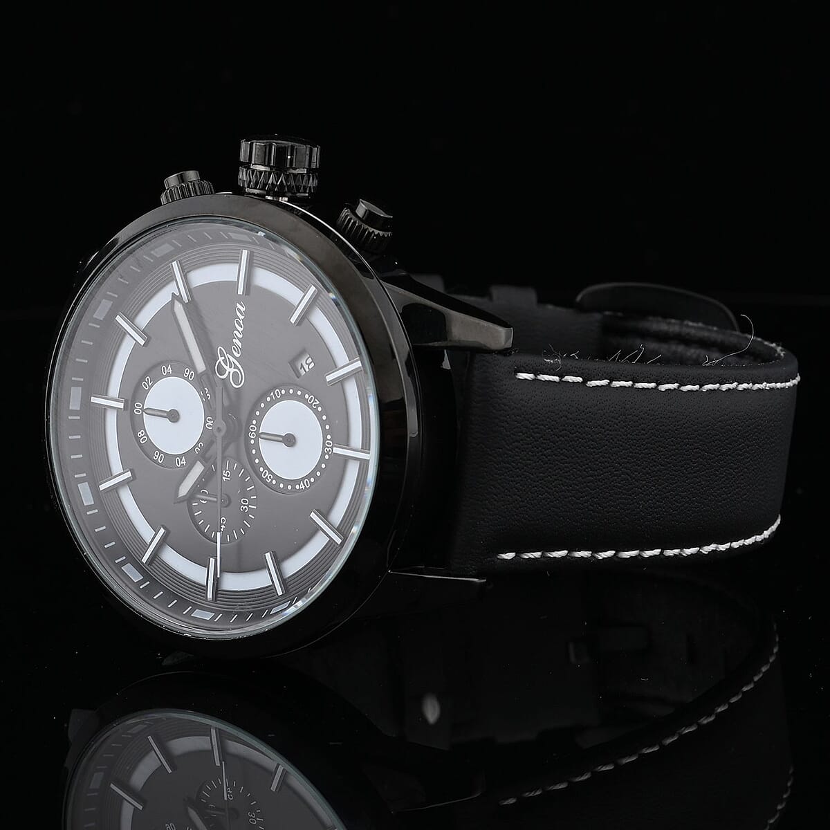 Genoa Multifunctional Quartz Movement Watch with Black Leather Strap (47mm) (5.25-7.25 Inches) image number 1