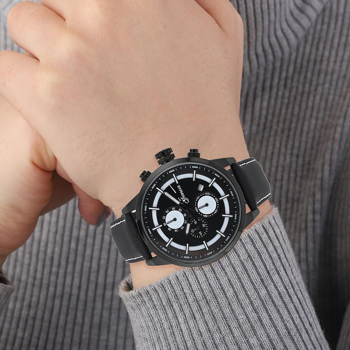 Genoa Multifunctional Quartz Movement Watch with Black Leather Strap (47mm) (5.25-7.25 Inches) image number 2