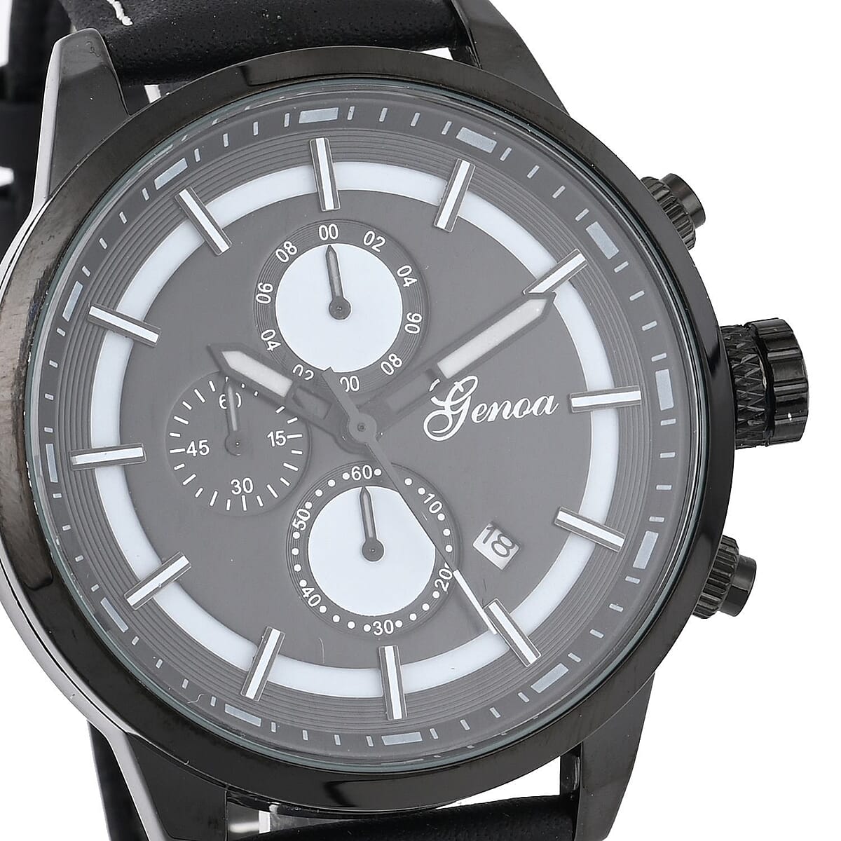 Genoa Multifunctional Quartz Movement Watch with Black Leather Strap (47mm) (5.25-7.25 Inches) image number 3