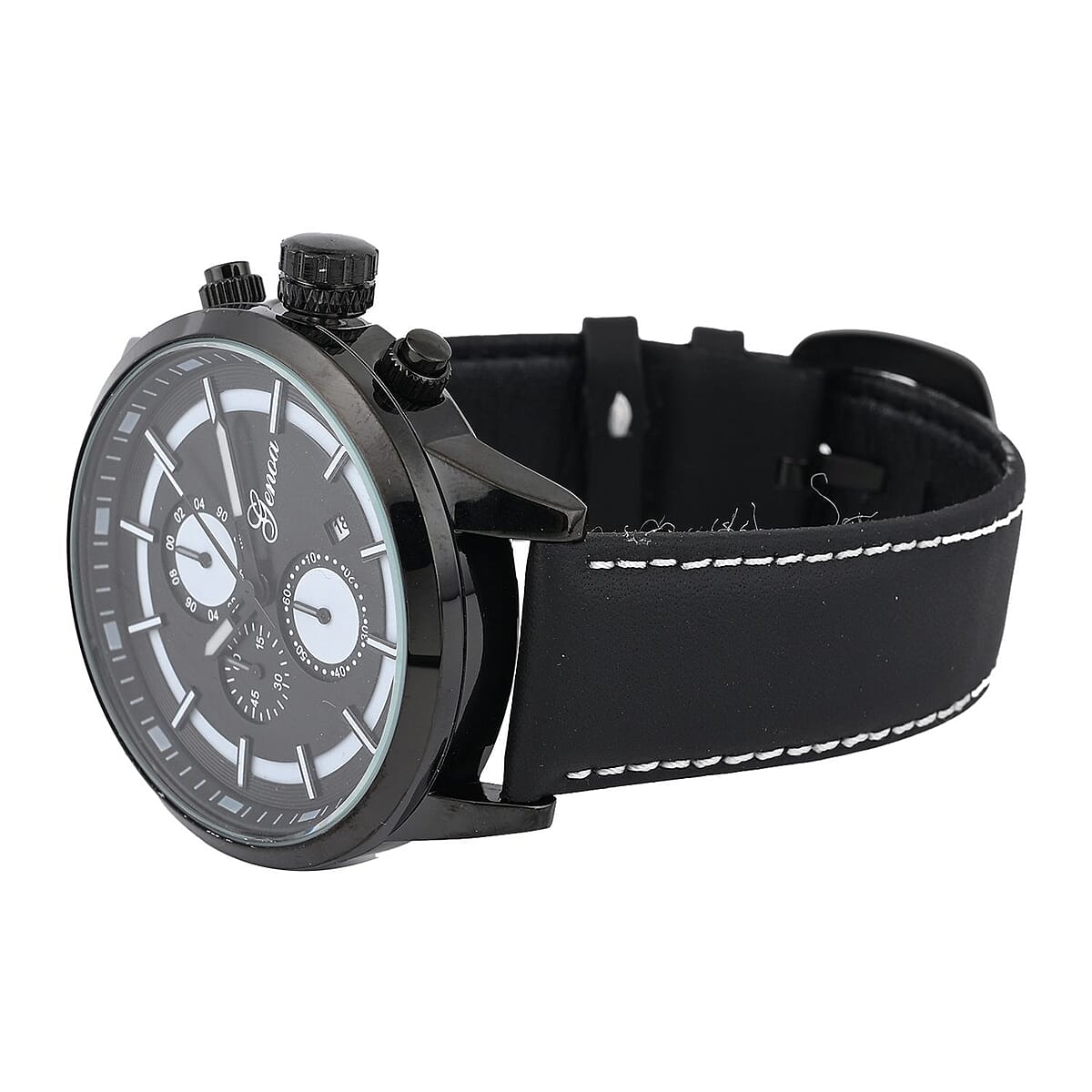 Genoa Multifunctional Quartz Movement Watch with Black Leather Strap (47mm) (5.25-7.25 Inches) image number 4
