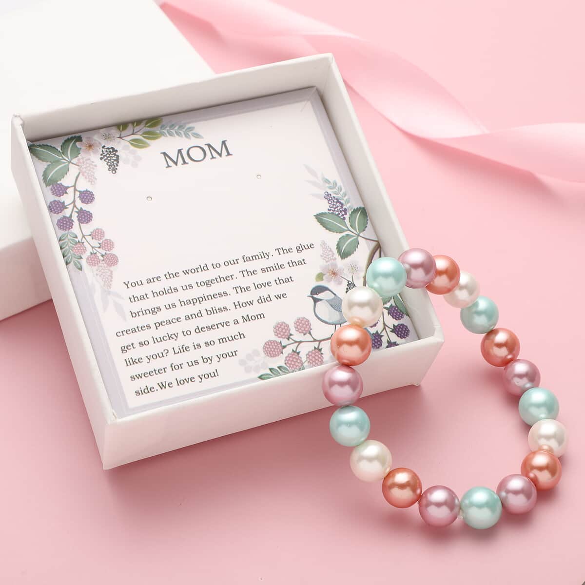 Dear Mom Jewelry Gift Set with Multi Color Pastel Pearls Beaded Stretch Bracelet image number 0