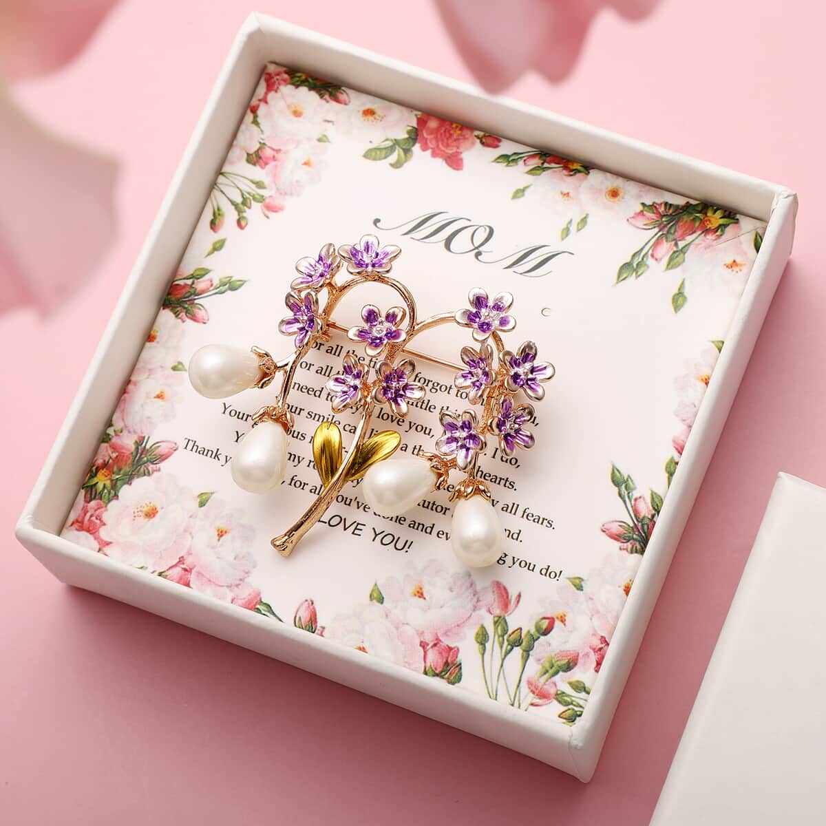 Dear Mom Jewelry Gift Set with Simulated Pearl, Purple Enameled Floral Bouquet Brooch in Goldtone image number 0