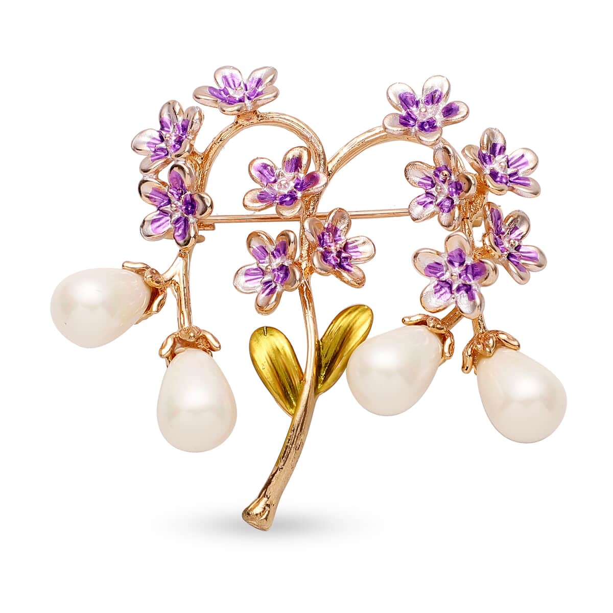 Dear Mom Jewelry Gift Set with Simulated Pearl, Purple Enameled Floral Bouquet Brooch in Goldtone image number 1