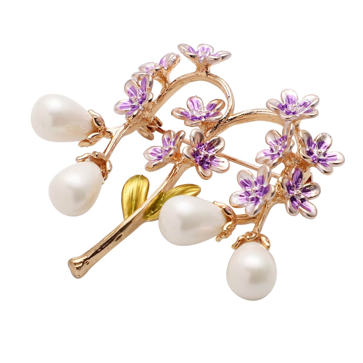 Dear Mom Jewelry Gift Set with Simulated Pearl, Purple Enameled Floral Bouquet Brooch in Goldtone image number 2