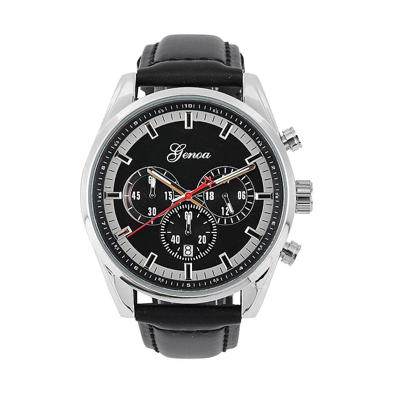 Genoa Multifunctional quartz Movement Watch with Black Leather Strap (44.20 mm) (5.25-7.50 Inches)
