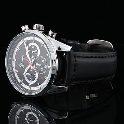 Genoa Multifunctional quartz Movement Watch with Black Leather Strap (44.20 mm) (5.25-7.50 Inches)