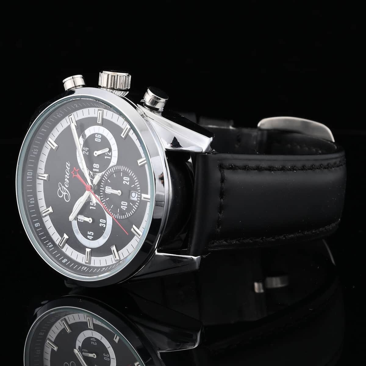 Genoa Multifunctional quartz Movement Watch with Black Leather Strap (44.20 mm) (5.25-7.50 Inches) image number 1