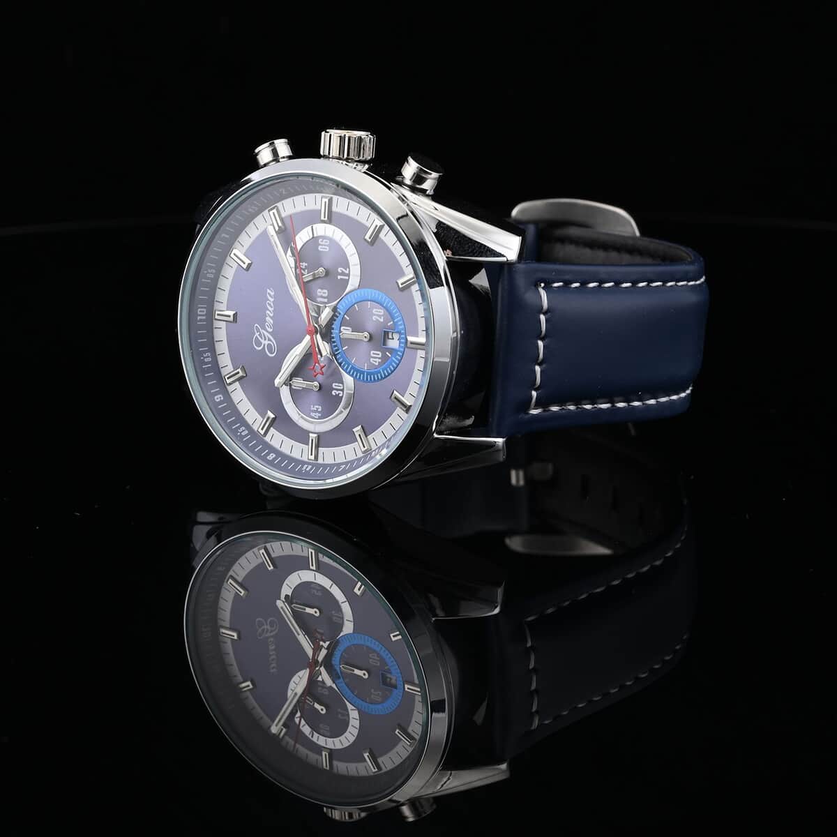 Genoa Multifunctional quartz Movement Watch with Navy Blue Leather Strap (44.20 mm) (5.25-7.50 Inches) image number 1