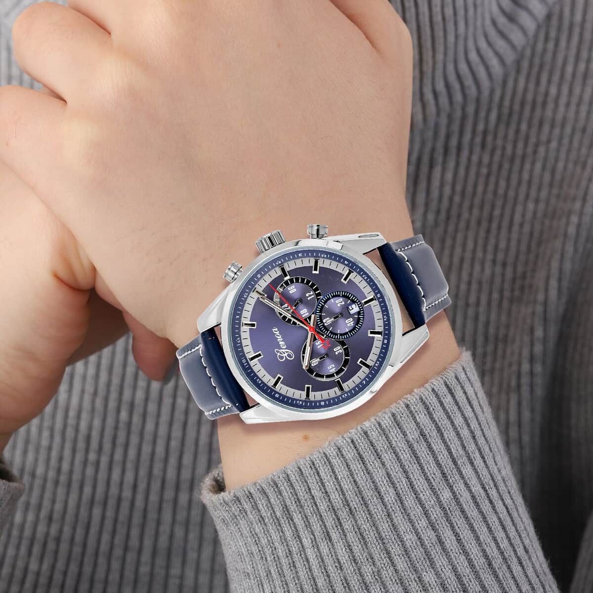 Genoa Multifunctional quartz Movement Watch with Navy Blue Leather Strap (44.20 mm) (5.25-7.50 Inches) image number 2