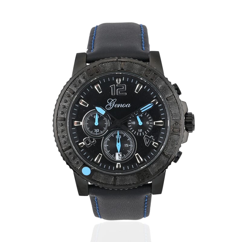 Genoa Multifunctional Quartz Movement Watch with Blue Line and Black Leather Strap (45mm) (8.0-9.25Inches)