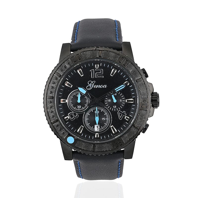 Genoa Multifunctional Quartz Movement Watch with Blue Line and Black Leather Strap (45mm) (8.0-9.25Inches)