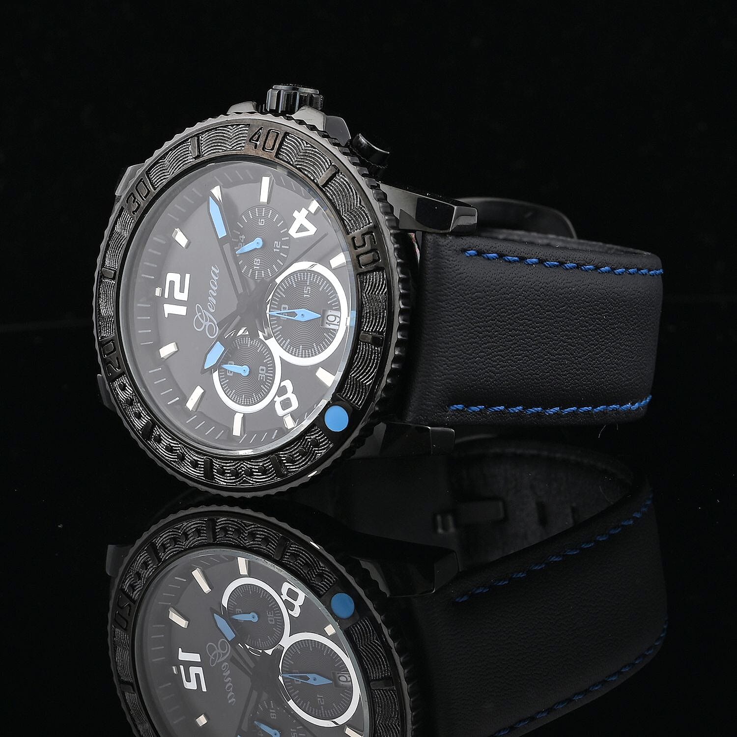 Genoa Multifunctional Quartz Movement Watch with Blue Line and Black Leather Strap (45mm) (8.0-9.25Inches)