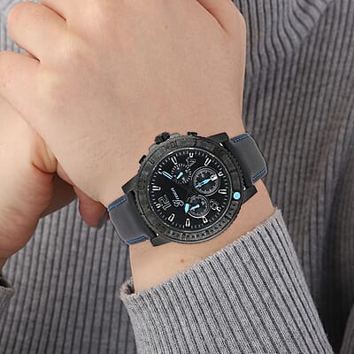 Genoa Multifunctional Quartz Movement Watch with Blue Line and Black Leather Strap (45mm) (8.0-9.25Inches)