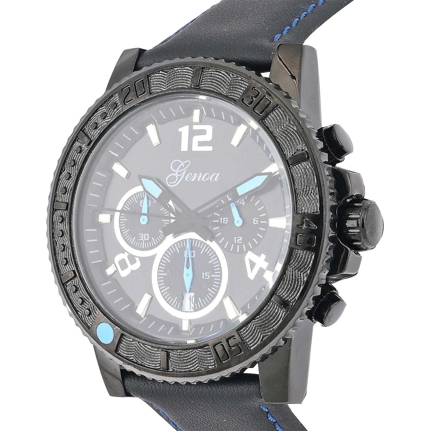 Genoa Multifunctional Quartz Movement Watch with Blue Line and Black Leather Strap (45mm) (8.0-9.25Inches)