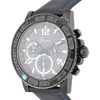 Genoa Multifunctional Quartz Movement Watch with Blue Line and Black Leather Strap (45mm) (8.0-9.25Inches)