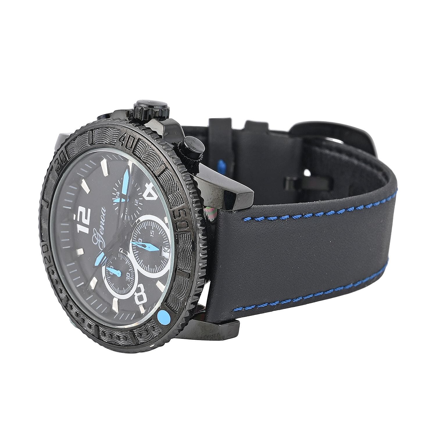 Genoa Multifunctional Quartz Movement Watch with Blue Line and Black Leather Strap (45mm) (8.0-9.25Inches)