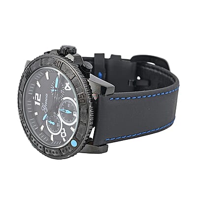 Genoa Multifunctional Quartz Movement Watch with Blue Line and Black Leather Strap (45mm) (8.0-9.25Inches)