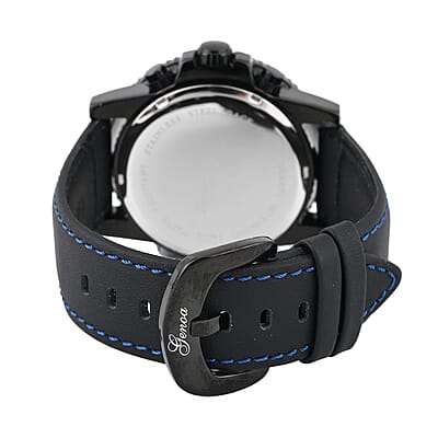 Genoa Multifunctional Quartz Movement Watch with Blue Line and Black Leather Strap (45mm) (8.0-9.25Inches)