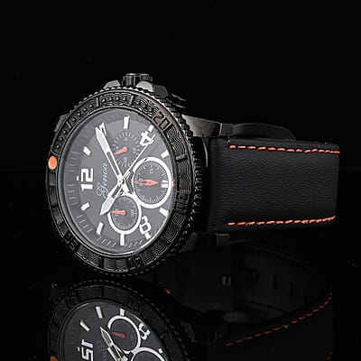 Genoa Multifunctional Quartz Movement Watch with Orange Line and Black Leather Strap (45mm) (8.0-9.25Inches)