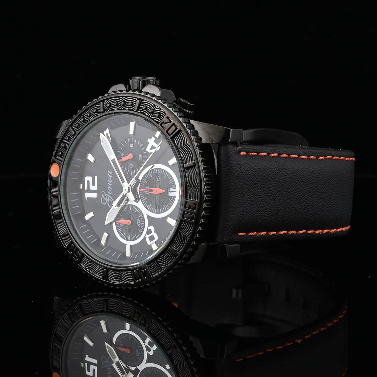 Genoa Multifunctional Quartz Movement Watch with Orange Line and Black Leather Strap (45mm) (8.0-9.25Inches) image number 1