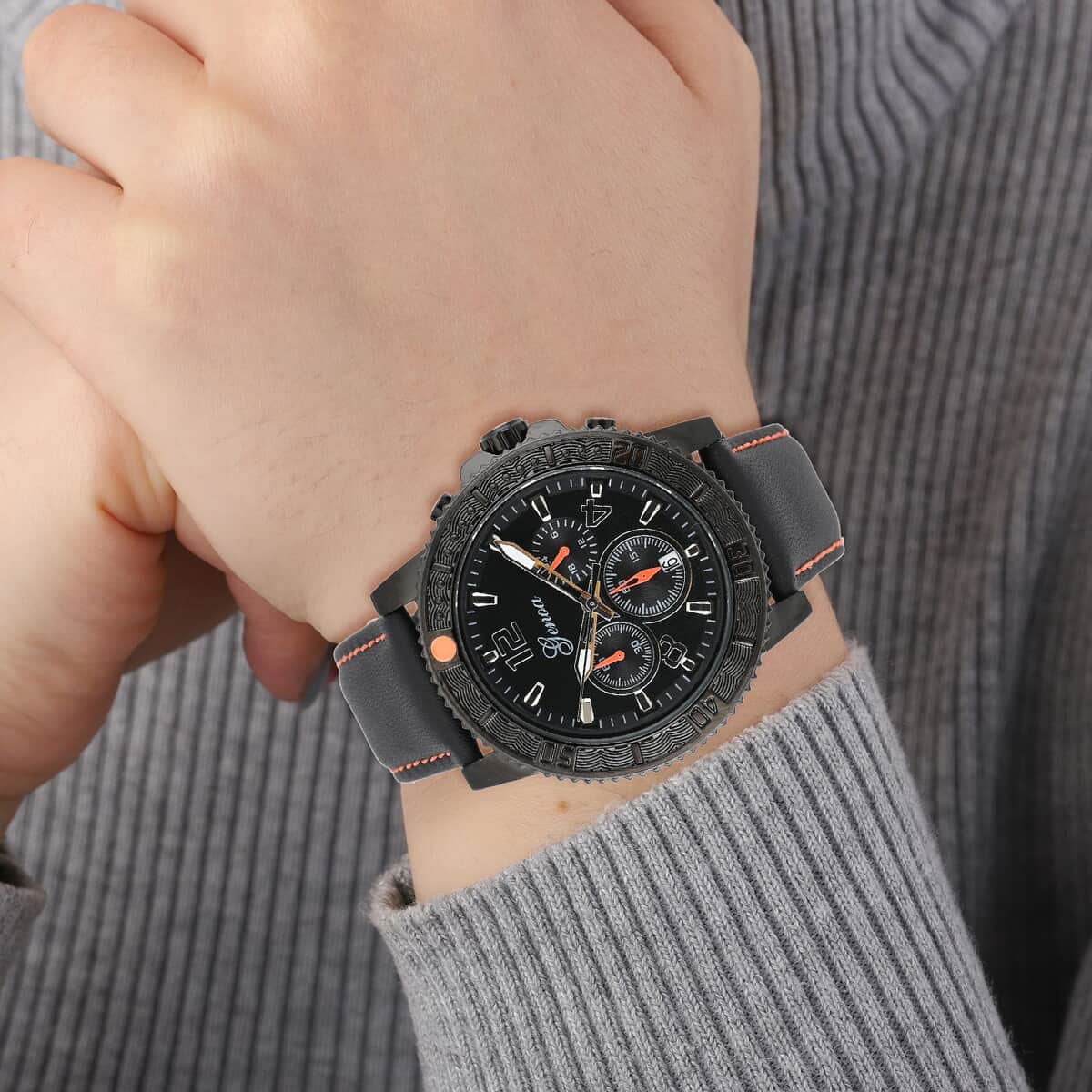 Genoa Multifunctional Quartz Movement Watch with Orange Line and Black Leather Strap (45mm) (8.0-9.25Inches) image number 2