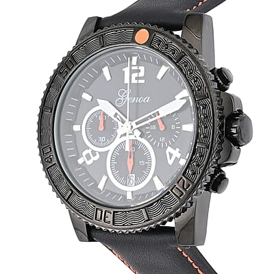 Genoa Multifunctional Quartz Movement Watch with Orange Line and Black Leather Strap (45mm) (8.0-9.25Inches)