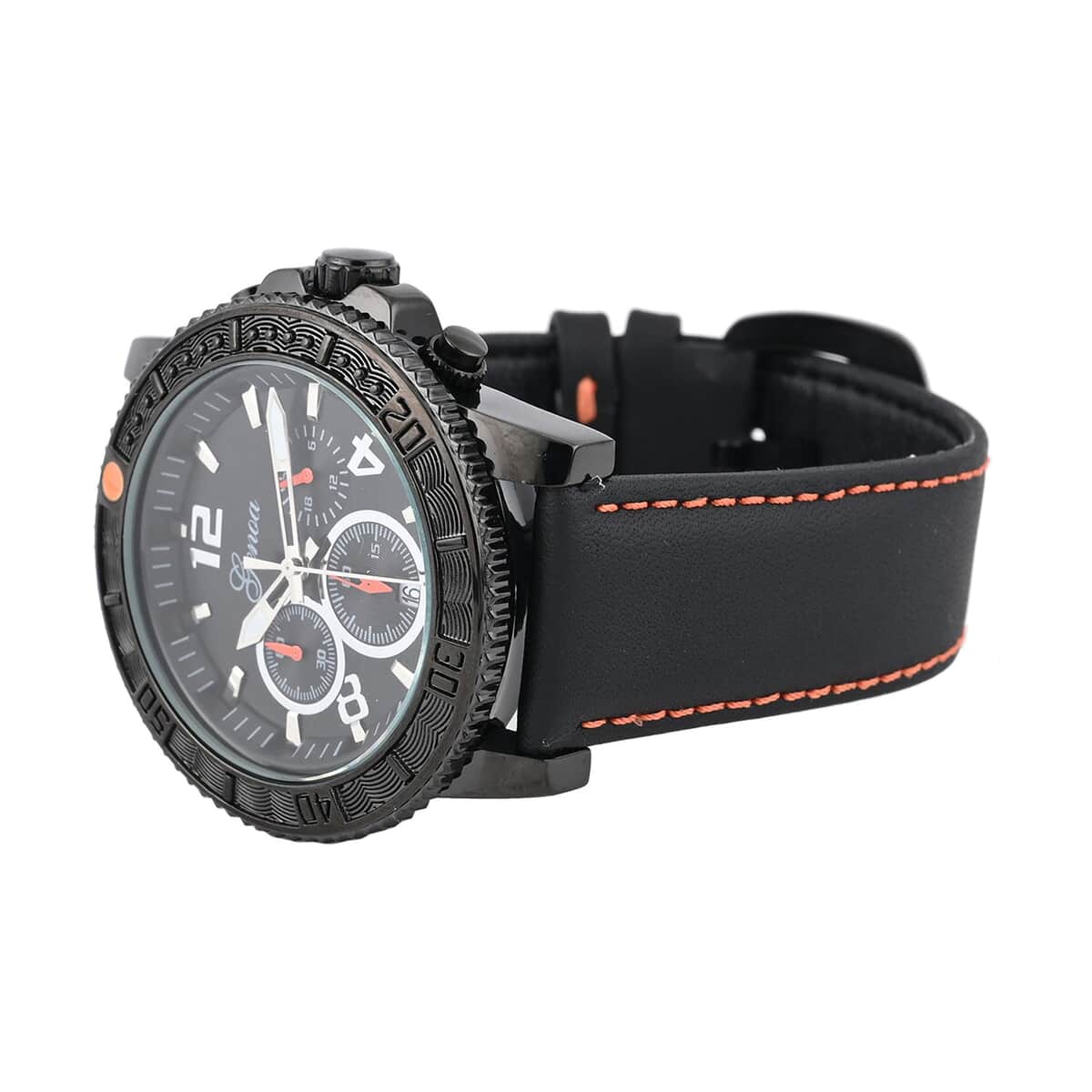 Genoa Multifunctional Quartz Movement Watch with Orange Line and Black Leather Strap (45mm) (8.0-9.25Inches) image number 4