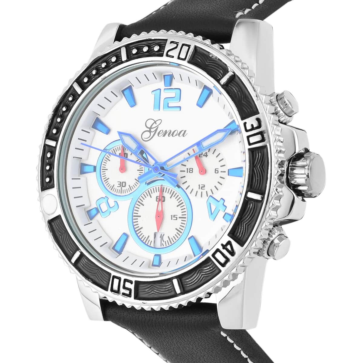 Genoa Multifunctional Quartz Movement Watch with White Line and Black Leather Strap (45mm) (8.0-9.25Inches) image number 3