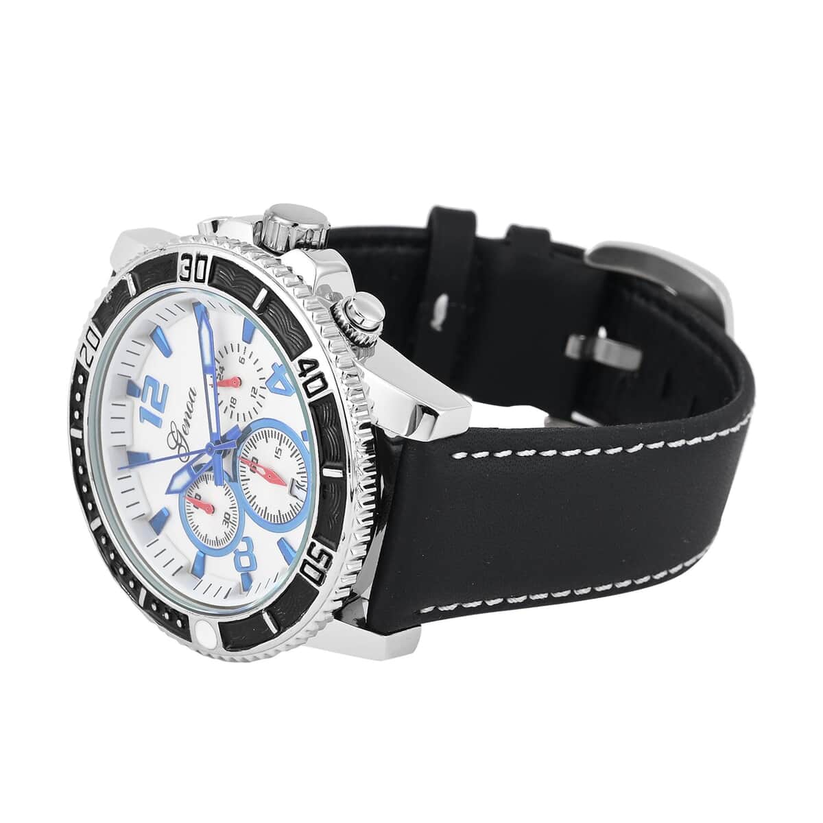 Genoa Multifunctional Quartz Movement Watch with White Line and Black Leather Strap (45mm) (8.0-9.25Inches) image number 4