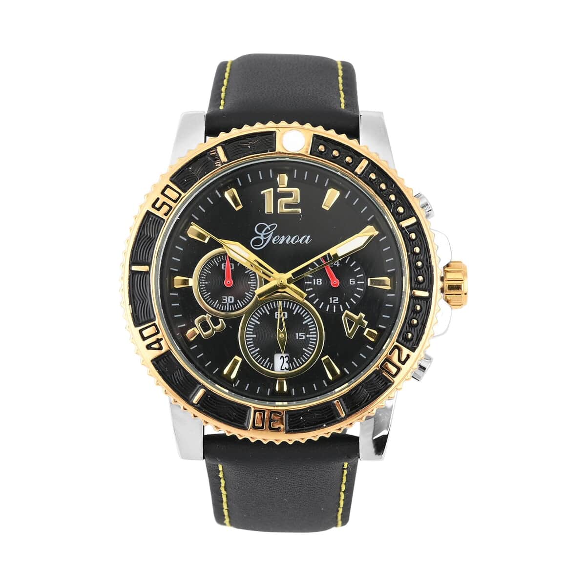 Genoa Multifunctional Quartz Movement Watch with Yellow Line and Black Leather Strap (45mm) (8.0-9.25Inches) image number 0