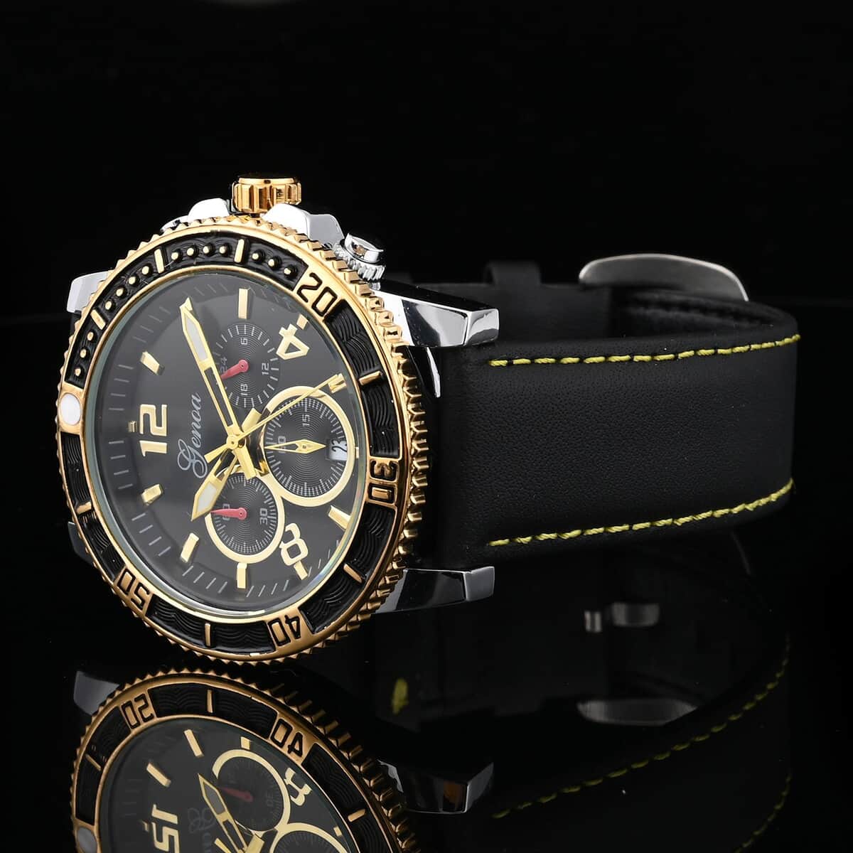 Genoa Multifunctional Quartz Movement Watch with Yellow Line and Black Leather Strap (45mm) (8.0-9.25Inches) image number 1