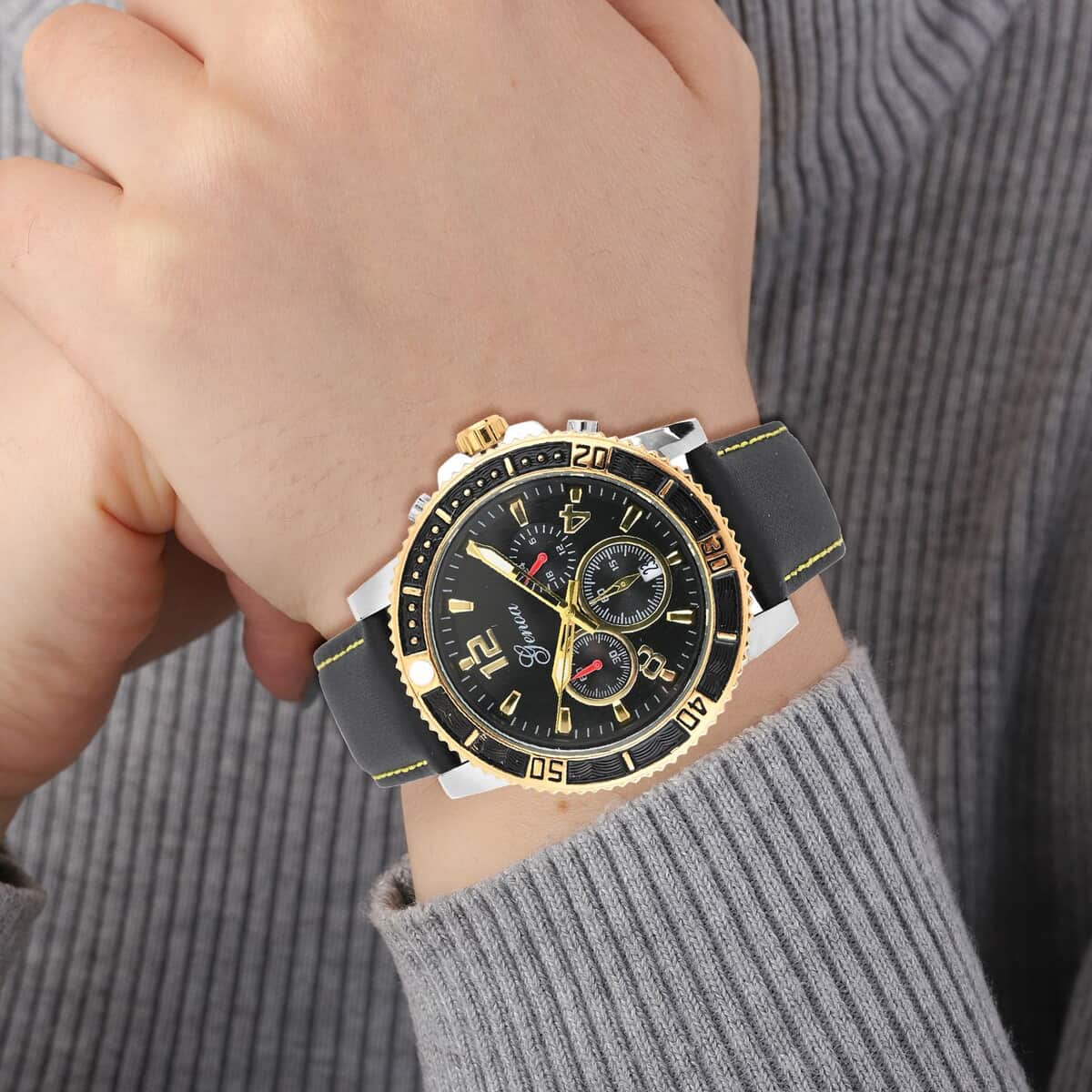 Genoa Multifunctional Quartz Movement Watch with Yellow Line and Black Leather Strap (45mm) (8.0-9.25Inches) image number 2